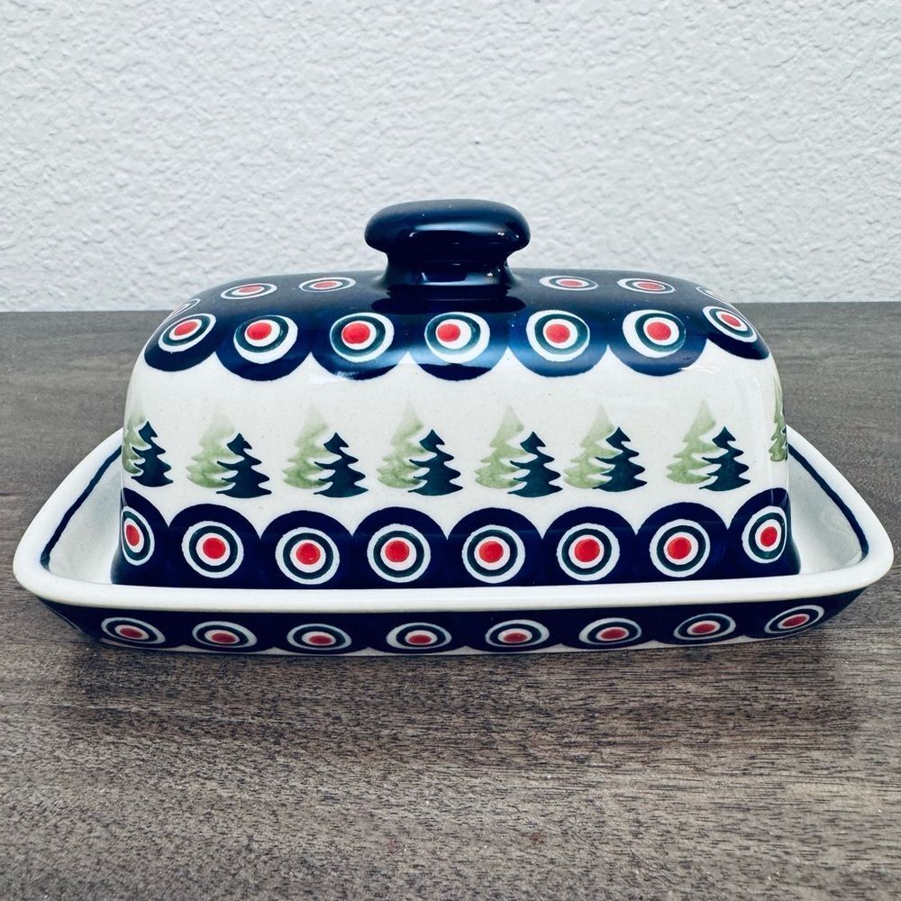 Polish Pottery Boleslawiec Christmas Peacock Circles Holiday Butter Dish